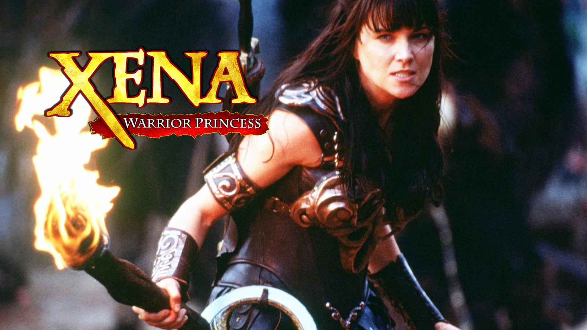 Lucy Lawless as Xena: Warrior Princess holding a flaming torch